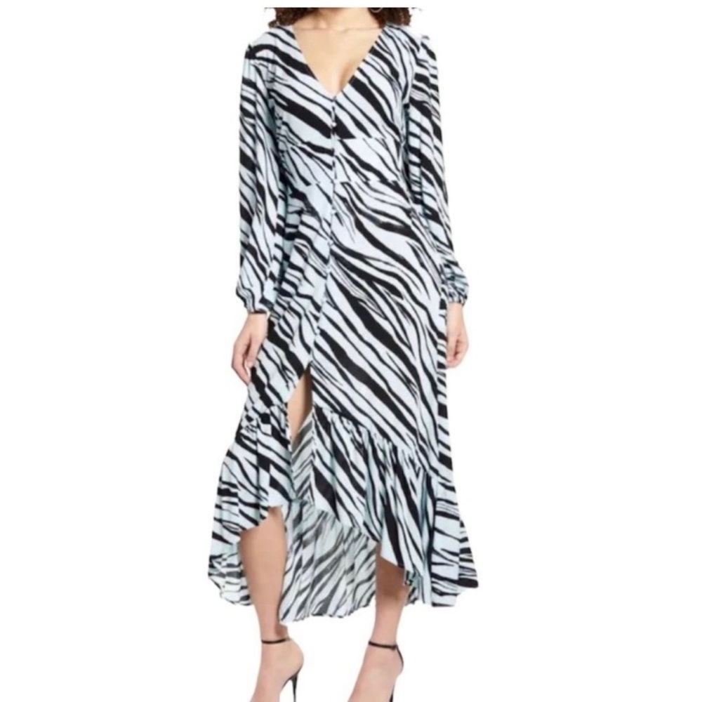 Leith Blue Slash Tulip Hem V-Neck Puffy Sleeves Smoked Back Midi Dress Size L